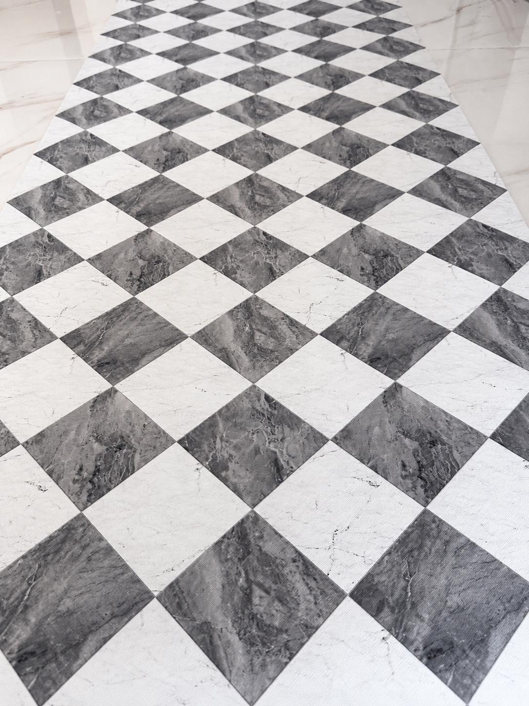 Gray White Checkered Marble Vinyl Kitchen Runner Non-Slip Wipeable Floor Mat Rug
