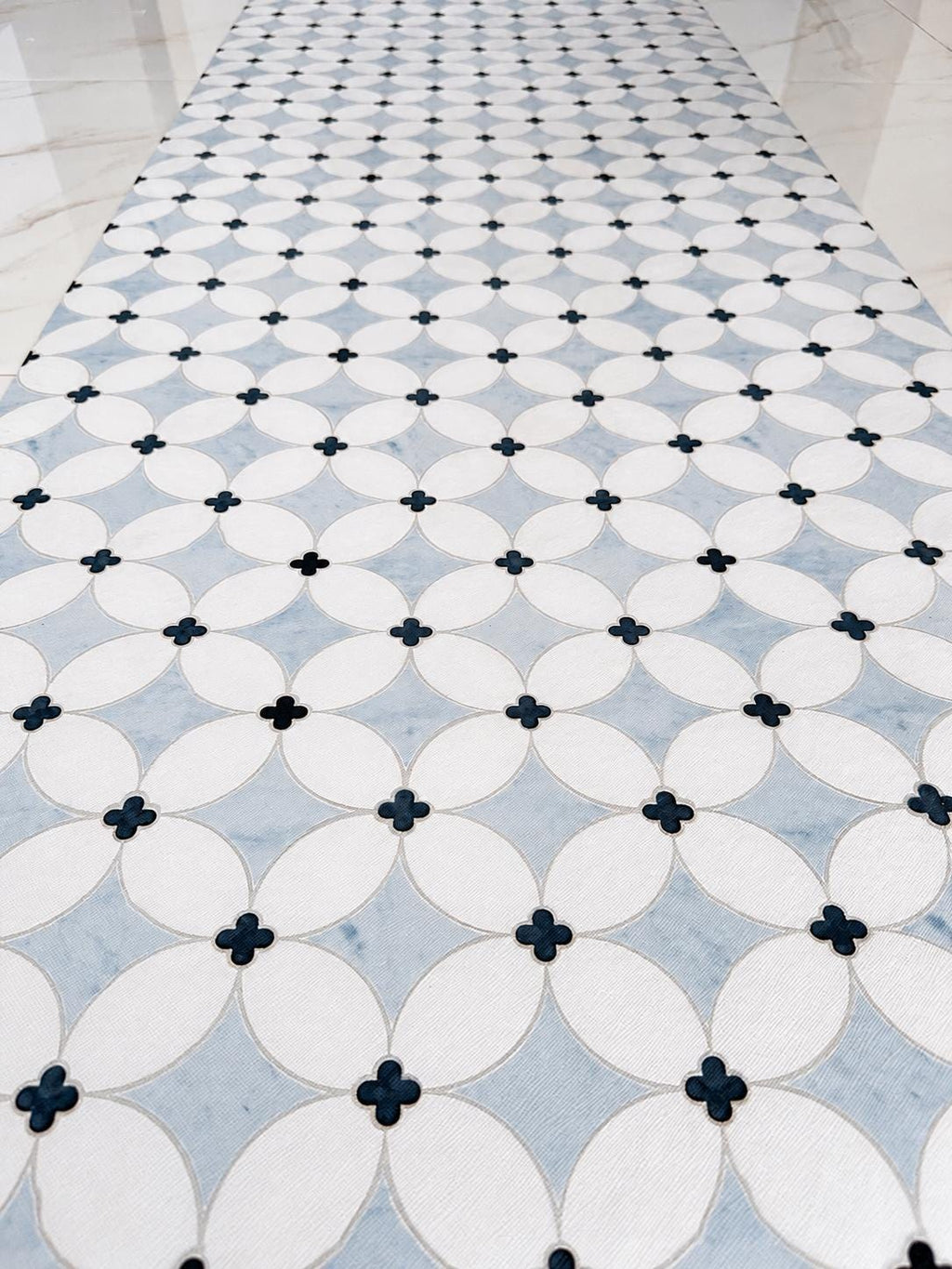 Blue Moroccan Quatrefoil Vinyl Kitchen Runner Waterproof Non-Slip Floor Mat