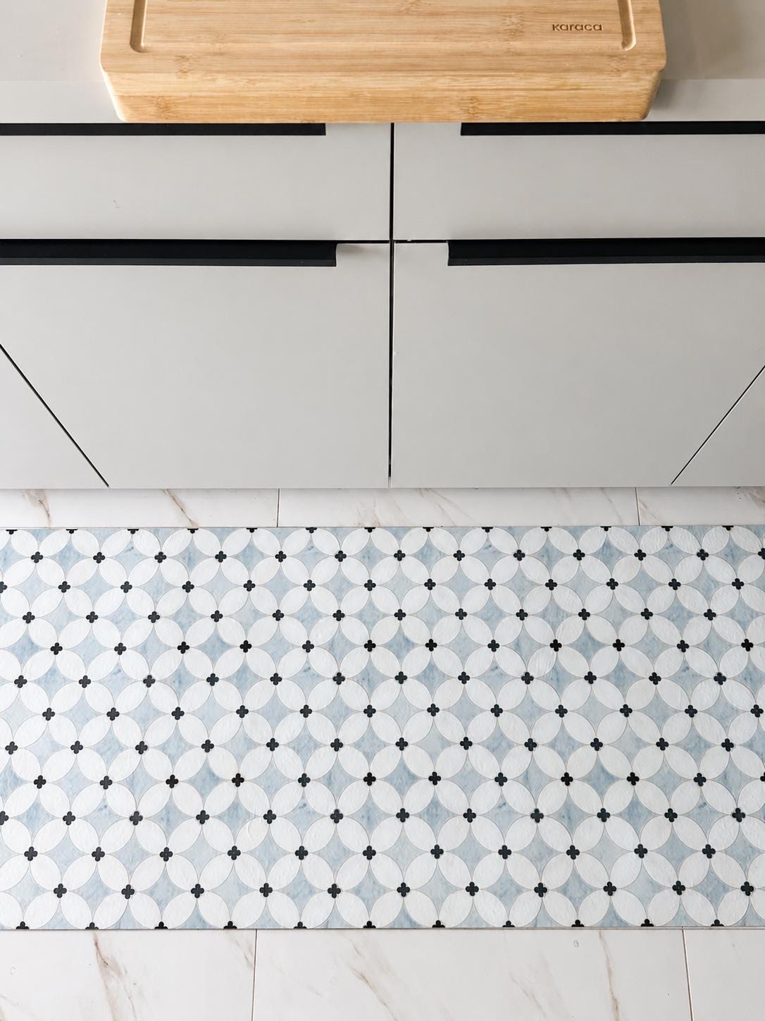 Blue Moroccan Quatrefoil Vinyl Kitchen Runner Waterproof Non-Slip Floor Mat