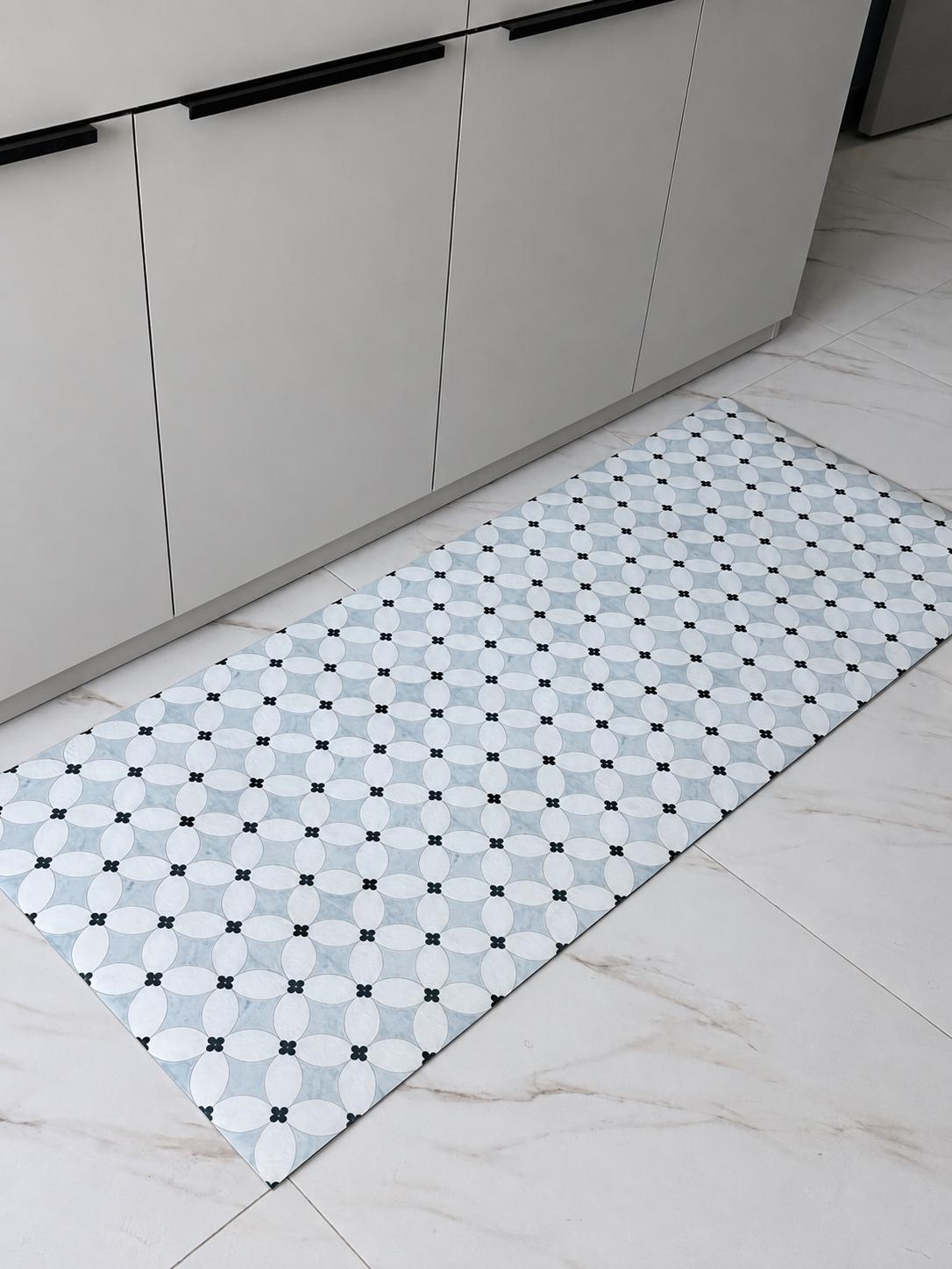 Blue Moroccan Quatrefoil Vinyl Kitchen Runner Waterproof Non-Slip Floor Mat