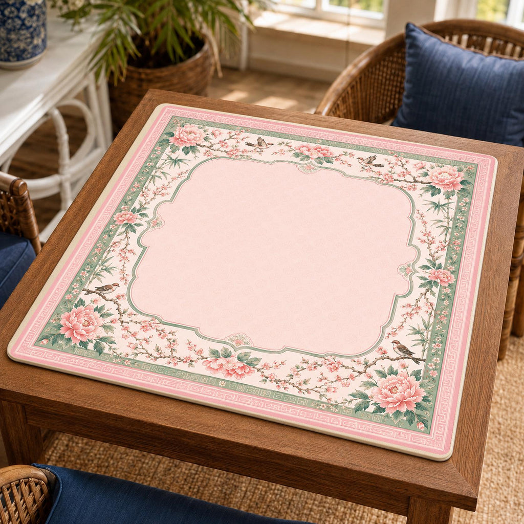 Pink Chinoiserie Mahjong Mat – Peony Bird Vegan Leather product detail