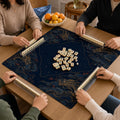 Chinese dragon and cloud illustrations circle a dark navy playing area on this Midnight Dragon Clouds Mahjong mat.