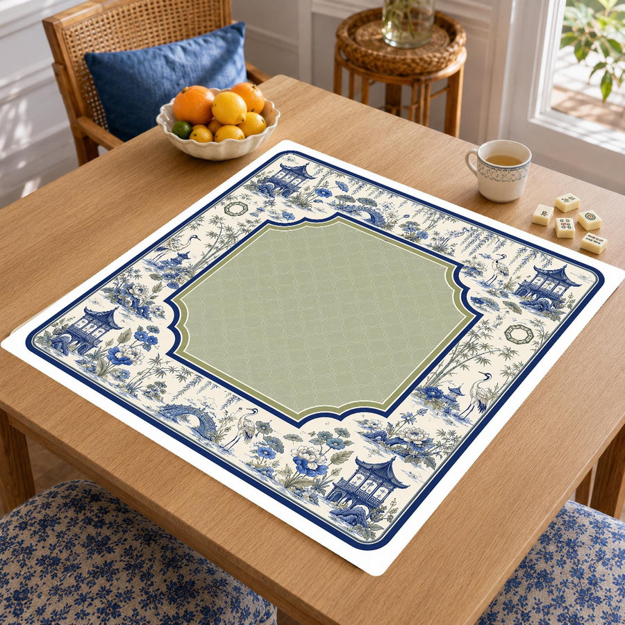 Blue Willow Crane Mahjong Mat – Chinoiserie Pavilion Vegan Leather product detail