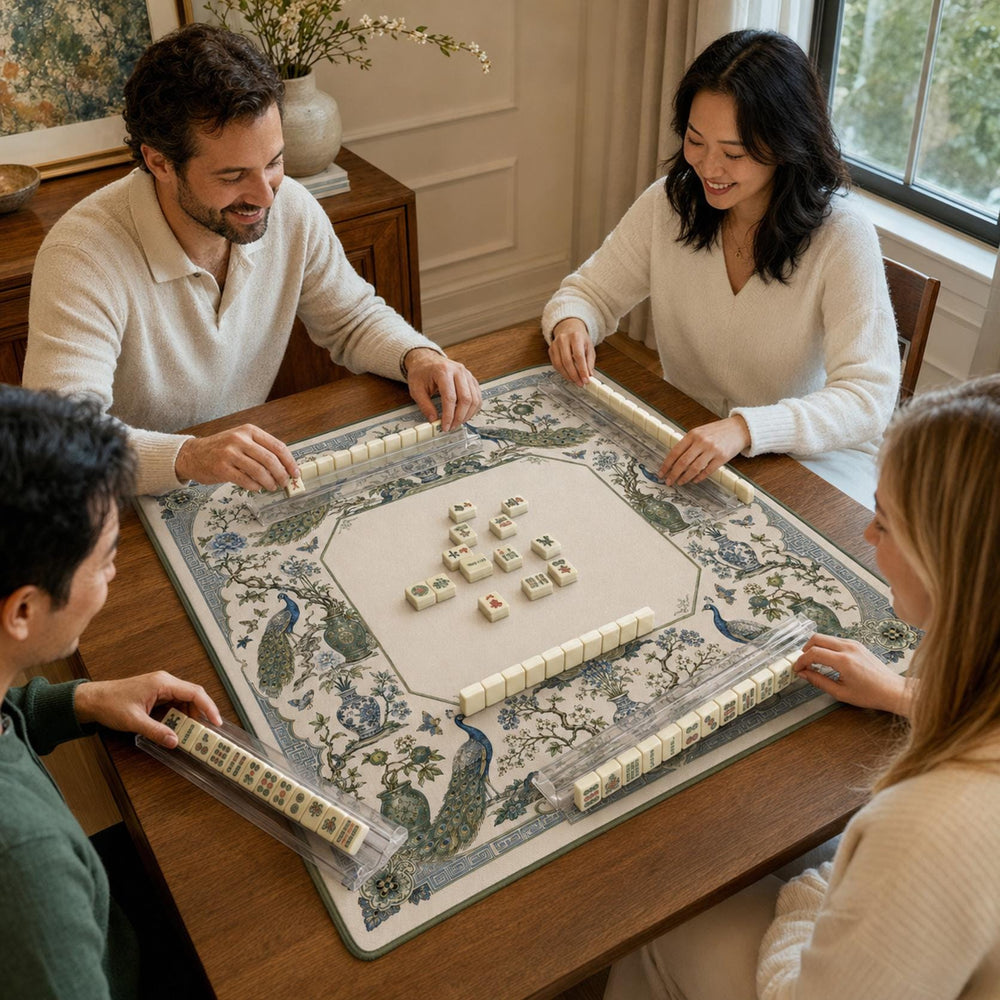 Imperial Peacock Mahjong Mat – Blue Porcelain Chinoiserie Vegan Leather product detail