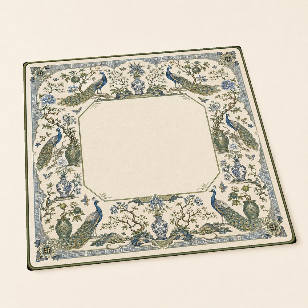 Blue peacocks, flowers and porcelain-inspired motifs form an ornate border around the cream center of this chinoiserie Mahjong mat.