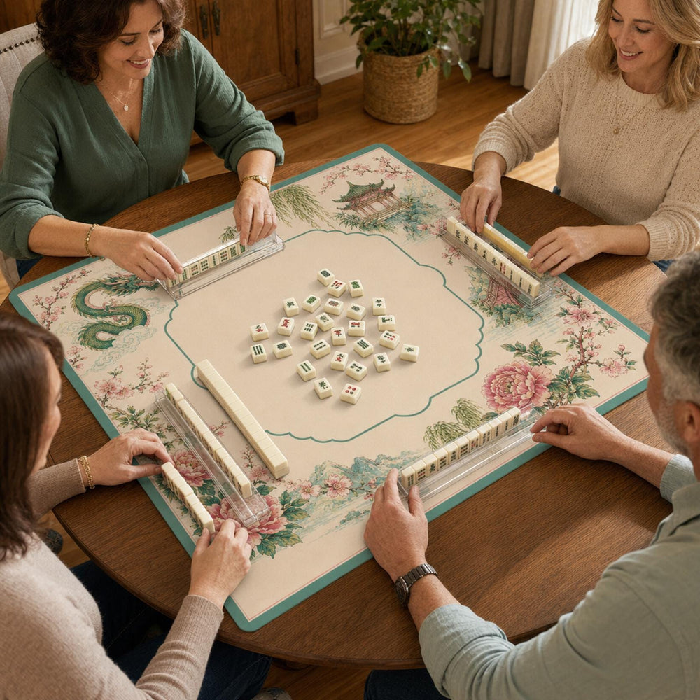 Jade Dragon Peony Mahjong Mat – Chinoiserie Pavilion Vegan Leather product detail