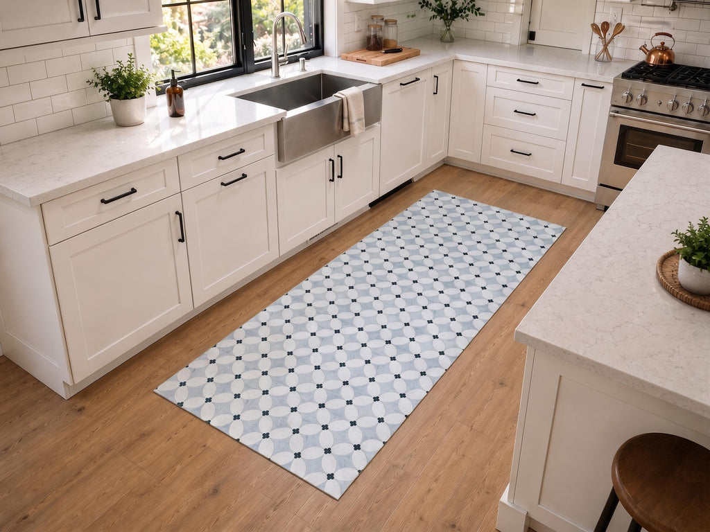 Blue Moroccan Quatrefoil Vinyl Kitchen Runner Waterproof Non-Slip Floor Mat