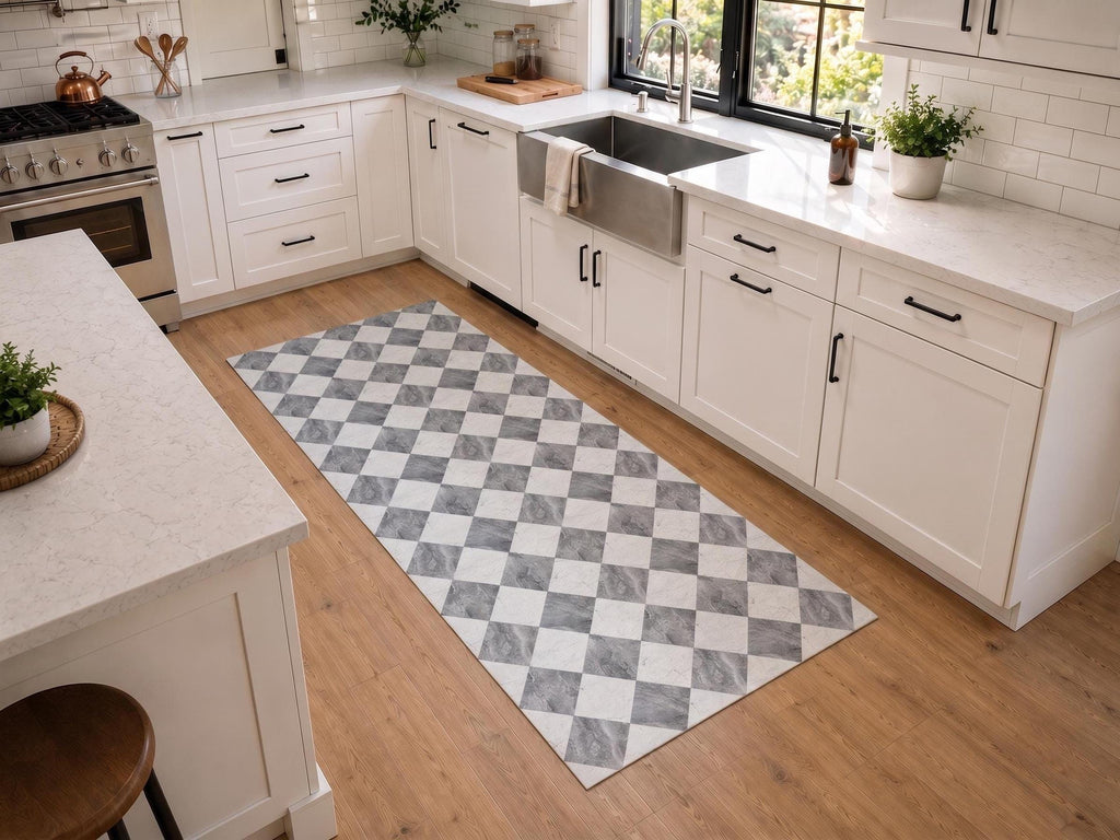 Gray White Checkered Marble Vinyl Kitchen Runner Non-Slip Wipeable Floor Mat Rug