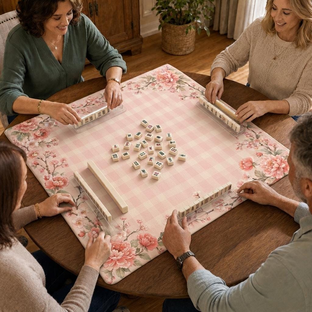 Pink Gingham Floral Mahjong Mat – Peony & Cherry Blossom Vegan Leather product detail
