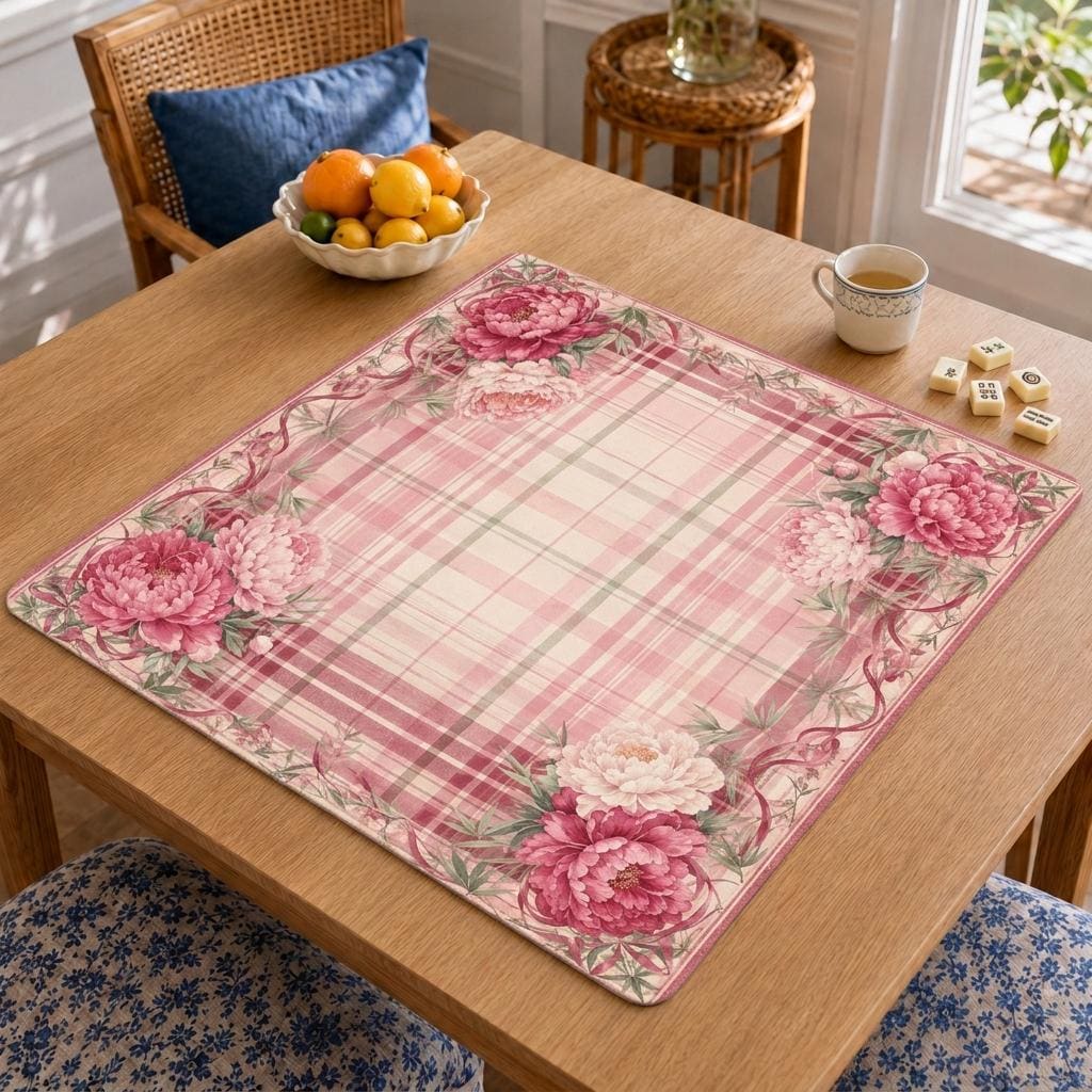 Pink Tartan Peony Mahjong Mat – Romantic Floral Vegan Leather product detail