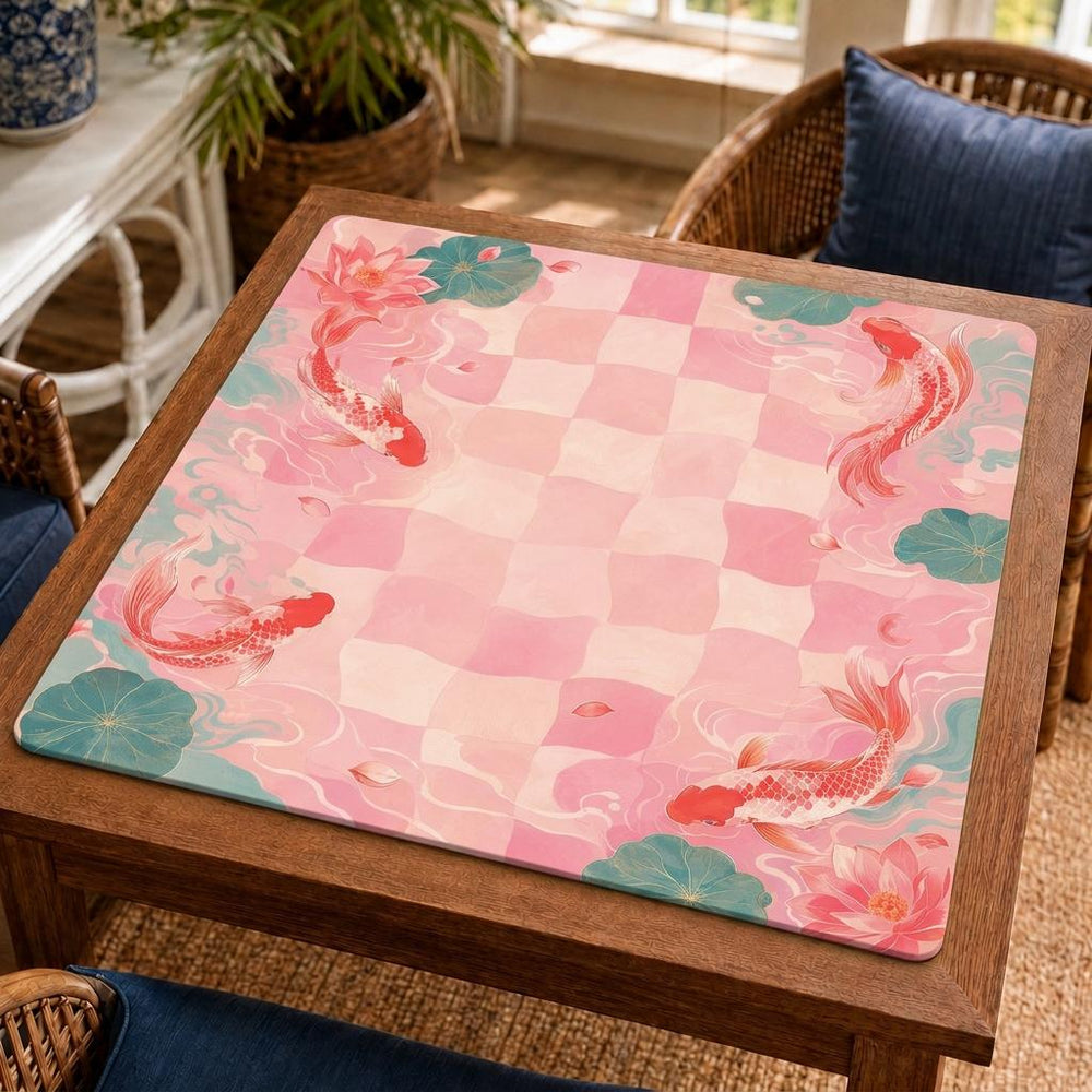 Pink koi and aqua lotus leaves surround a pink checkerboard playing area on this Lotus Pond Mahjong mat.