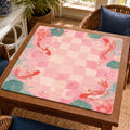 Pink koi and aqua lotus leaves surround a pink checkerboard playing area on this Lotus Pond Mahjong mat.