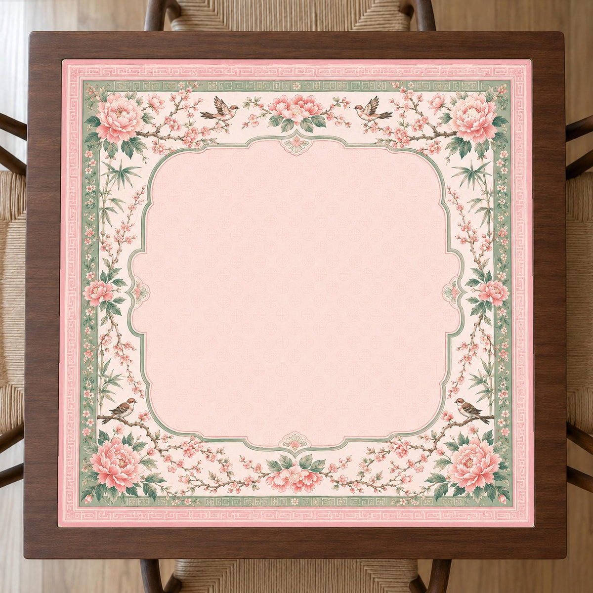 Pink Chinoiserie Mahjong Mat – Peony Bird Vegan Leather product detail