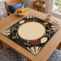 Black and gold geometric rays, red fan motifs and a large cream circular center give this Shanghai-inspired Mahjong mat its Art Deco look.