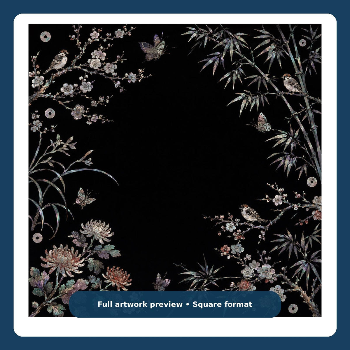 Black Lacquer Mother of Pearl Mahjong Mat – Floral Bird Vegan Leather product detail