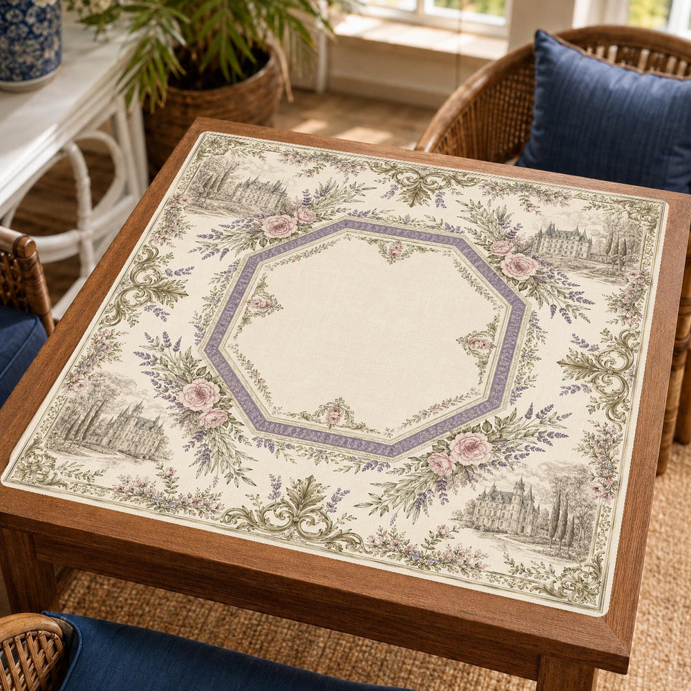 Lavender roses and French garden scenery surround an angular ornamental frame and pale center on this Chateau Mahjong mat.
