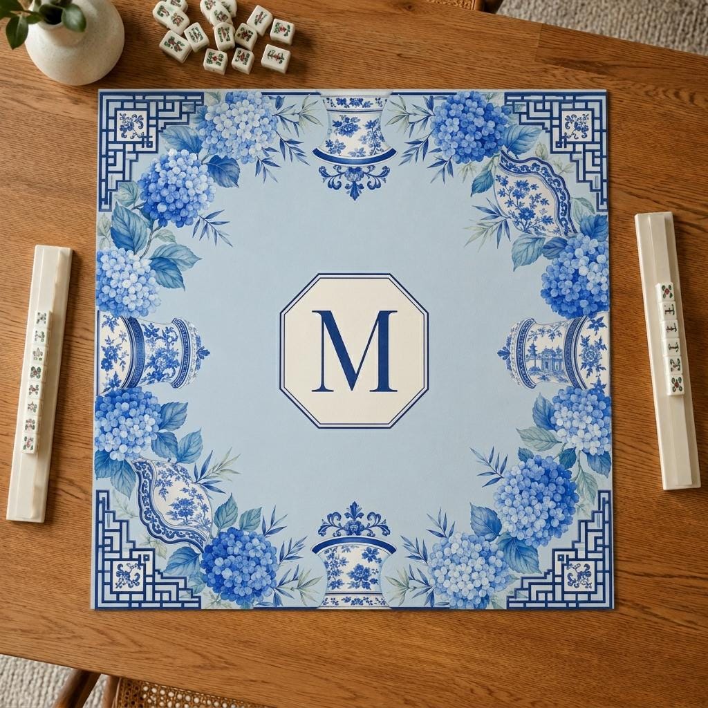 Personalized Mahjong Mat, Blue Hydrangea Chinoiserie, Custom Monogram Game Table Gift, 31.5 Inch