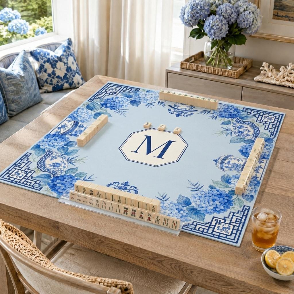 Personalized Mahjong Mat, Blue Hydrangea Chinoiserie, Custom Monogram Game Table Gift, 31.5 Inch