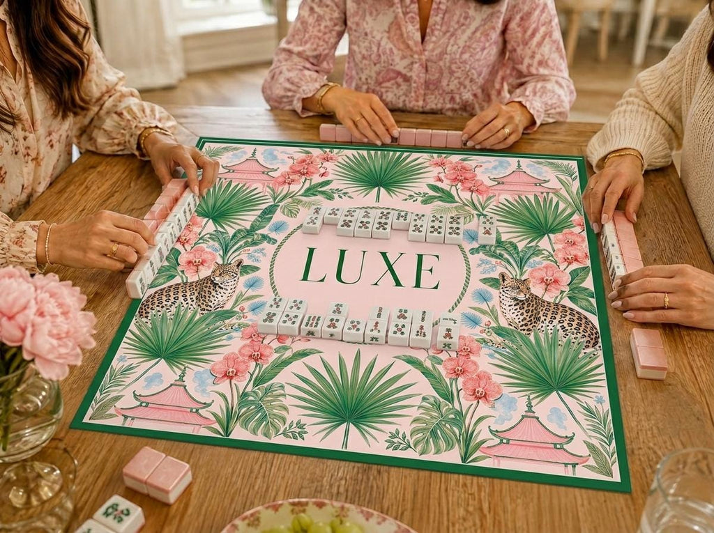 Personalized Mahjong Mat, Pink Pagoda Jungle, Leopard Chinoiserie, Custom Name Gift, 31.5 Inch