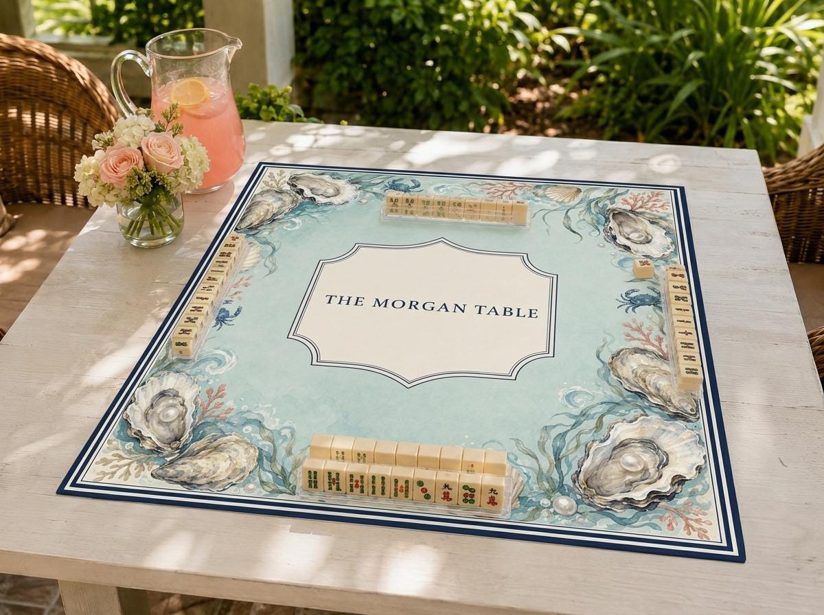 Personalized Mahjong Mat, Coastal Oyster Design, Custom Family Name Game Table Gift, 31.5 Inch