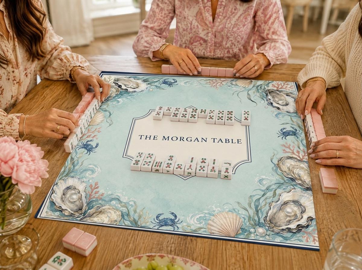 Personalized Mahjong Mat, Coastal Oyster Design, Custom Family Name Game Table Gift, 31.5 Inch