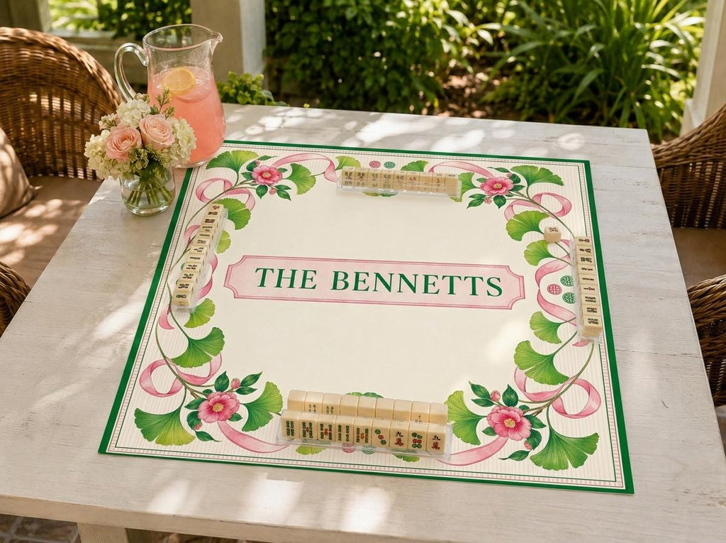 Personalized Mahjong Mat, Pink Ribbon Ginkgo Floral, Custom Family Name Game Table, 31.5 Inch