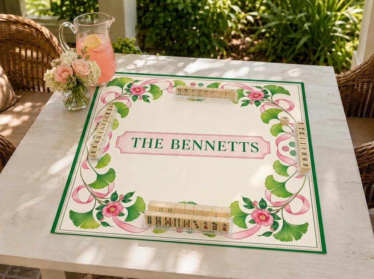Personalized Mahjong Mat, Pink Ribbon Ginkgo Floral, Custom Family Name Game Table, 31.5 Inch