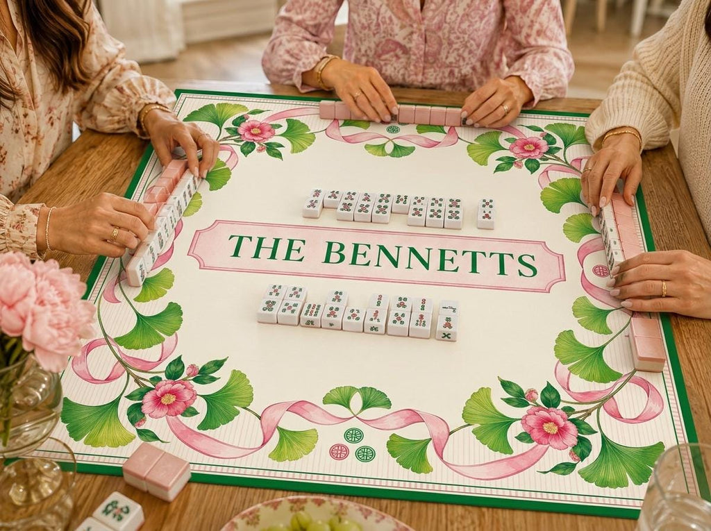 Personalized Mahjong Mat, Pink Ribbon Ginkgo Floral, Custom Family Name Game Table, 31.5 Inch