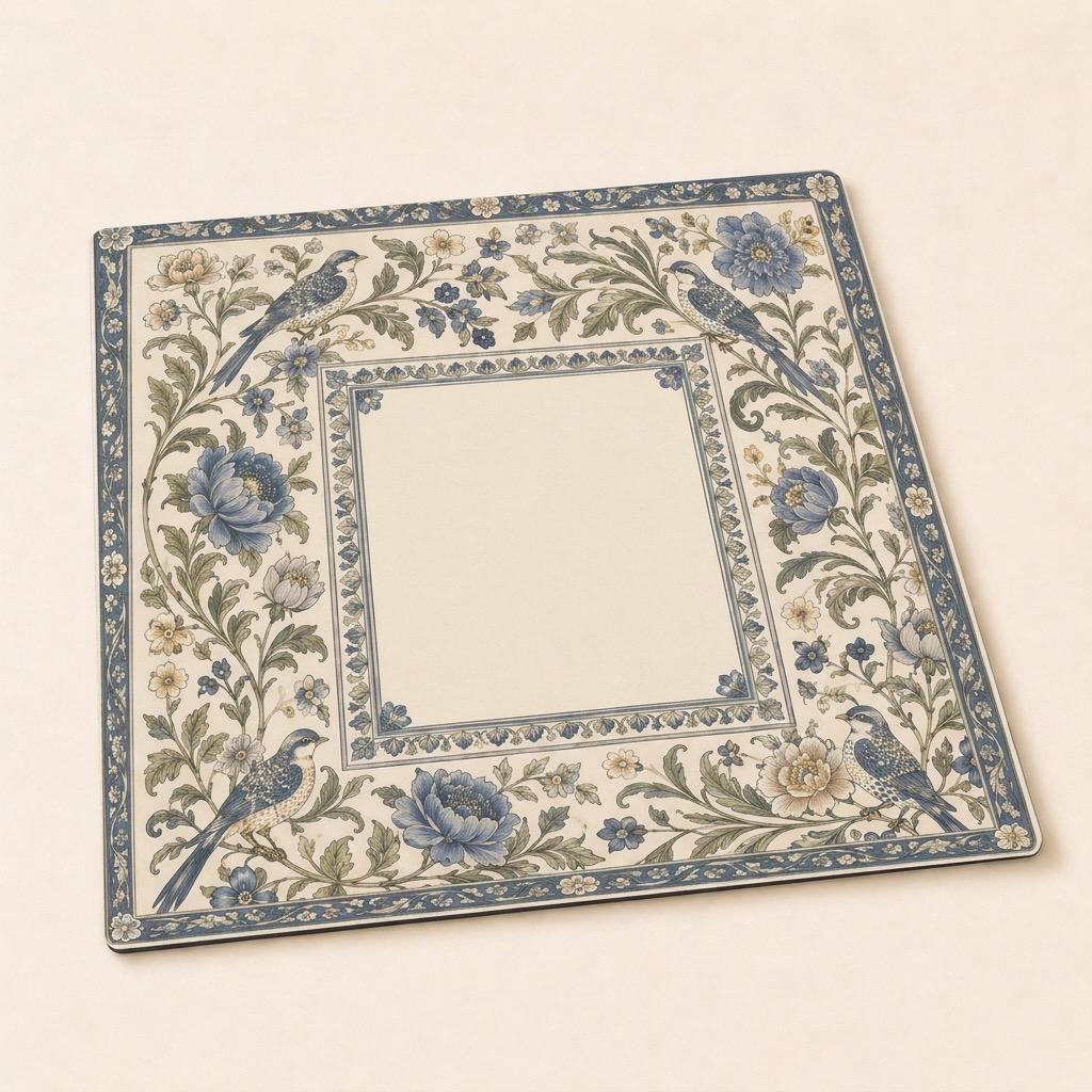 Delft Blue Songbird Mahjong Mat – Vintage Botanical Vegan Leather product detail