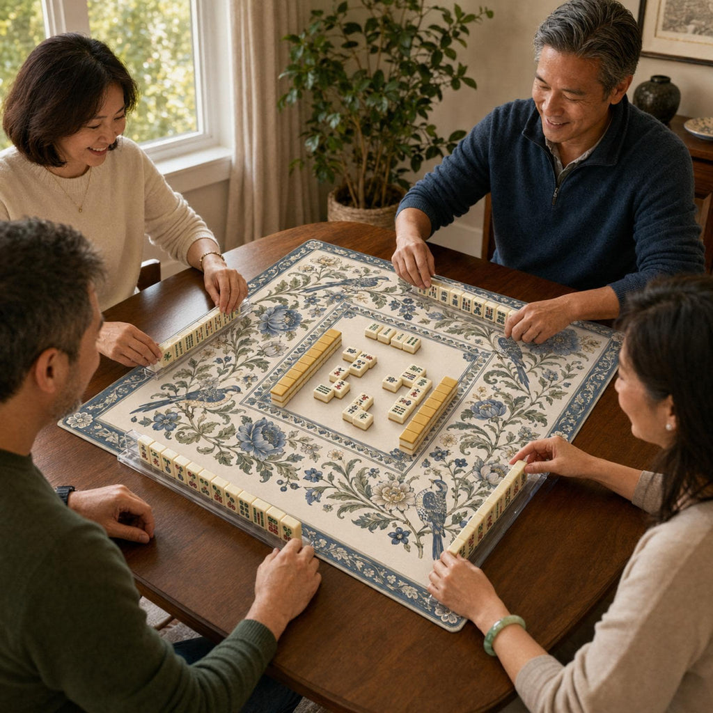 Delft Blue Songbird Mahjong Mat – Vintage Botanical Vegan Leather product detail
