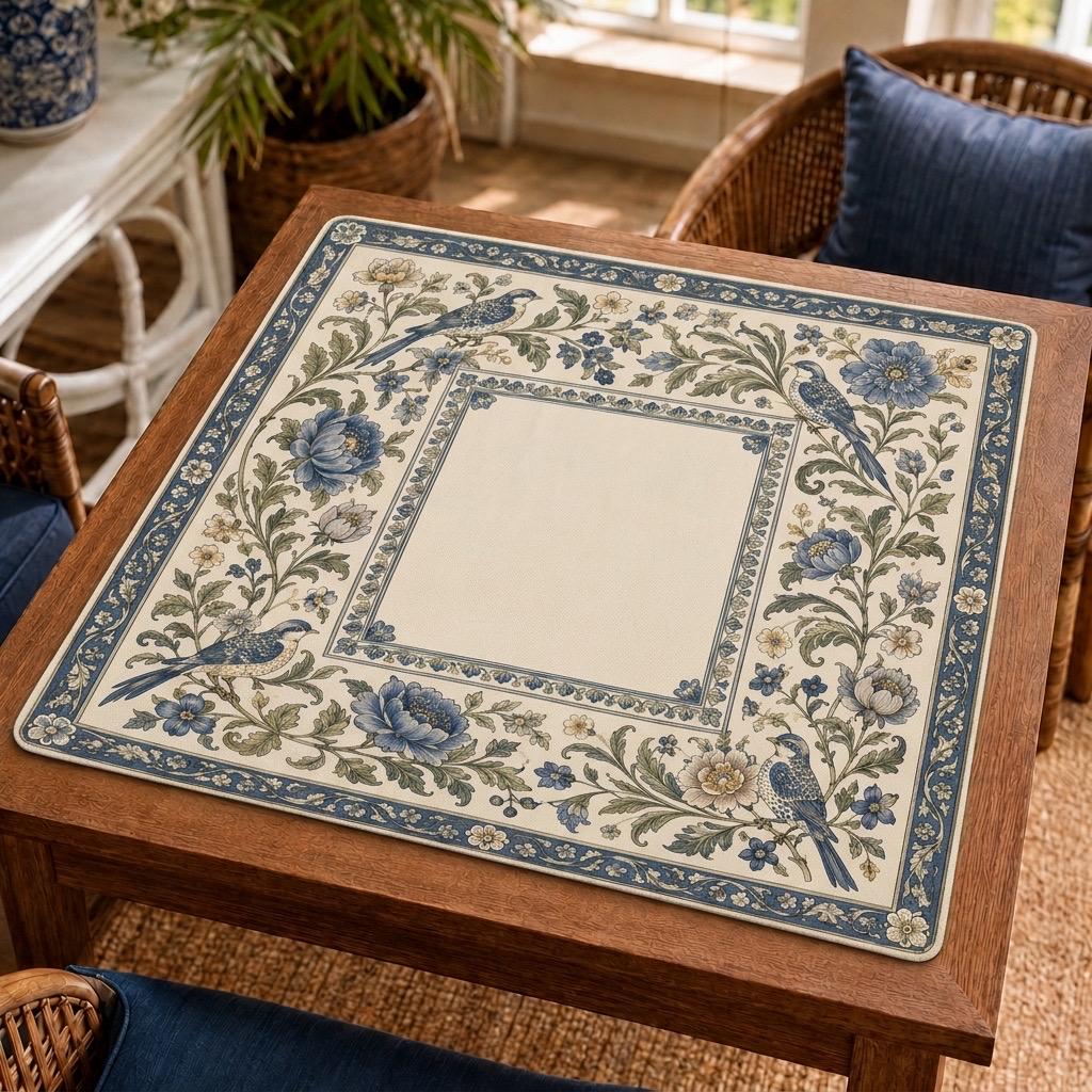 Delft Blue Songbird Mahjong Mat – Vintage Botanical Vegan Leather
