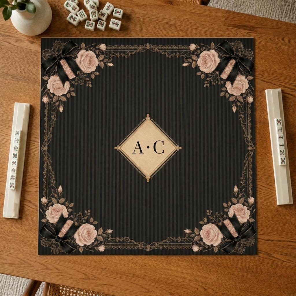 Coquette Mahjong Mat, Black Roses and Bows, Personalized Game Table, 31.5 Inch