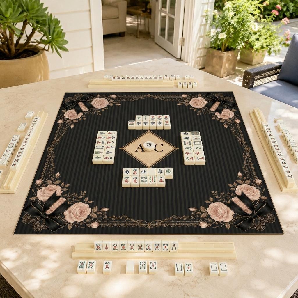 Coquette Mahjong Mat, Black Roses and Bows, Personalized Game Table, 31.5 Inch