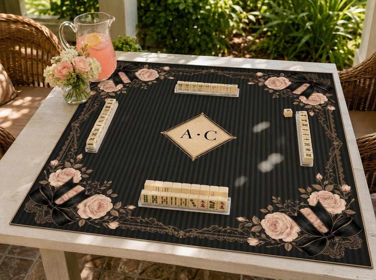 Coquette Mahjong Mat, Black Roses and Bows, Personalized Game Table, 31.5 Inch
