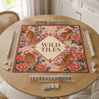 Tigers and peonies surround a diamond-shaped text panel on a warm pink Asian botanical Mahjong mat.