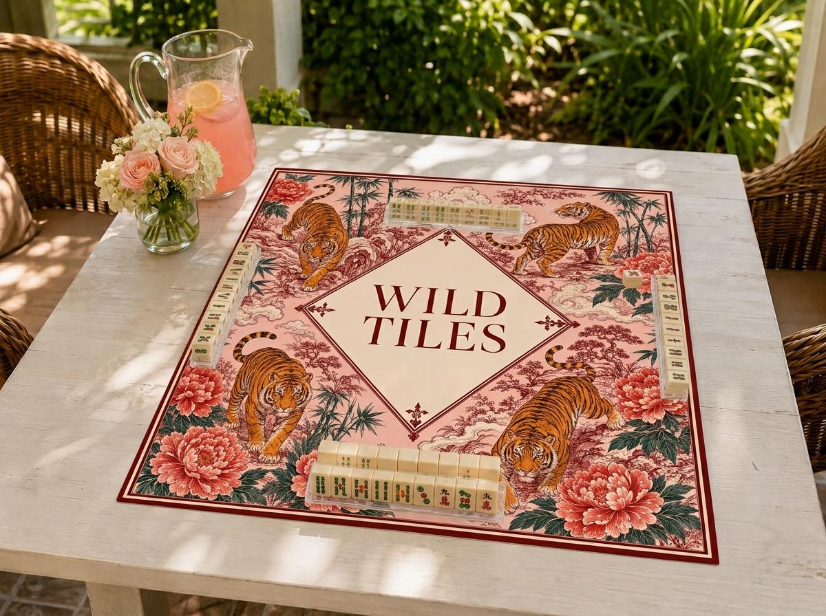 Tiger Mahjong Mat, Asian Botanical Game Table Design, Custom Text Gift, 31.5 Inch