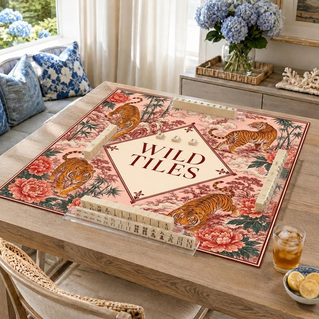 Tiger Mahjong Mat, Asian Botanical Game Table Design, Custom Text Gift, 31.5 Inch
