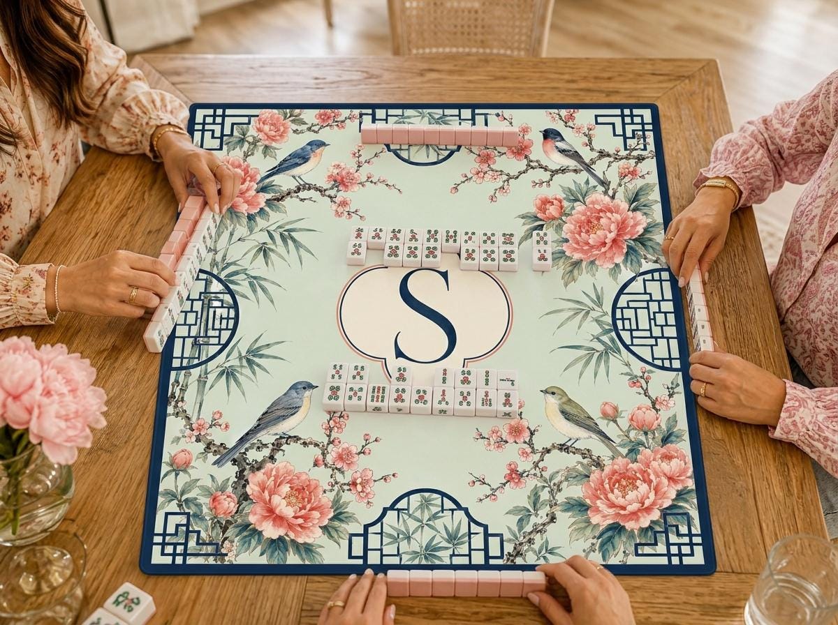 Chinoiserie Mahjong Mat, Birds and Peonies, Personalized Monogram Gift, 31.5 Inch