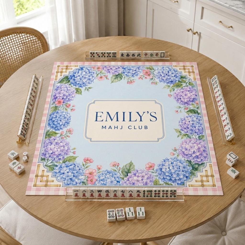 Hydrangea Mahjong Mat, Personalized Mahj Club Gift, Pink Gingham, 31.5 Inch