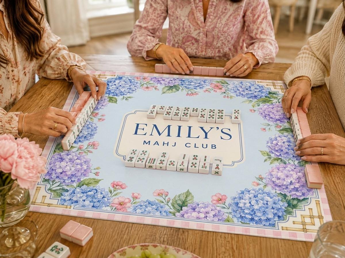 Hydrangea Mahjong Mat, Personalized Mahj Club Gift, Pink Gingham, 31.5 Inch