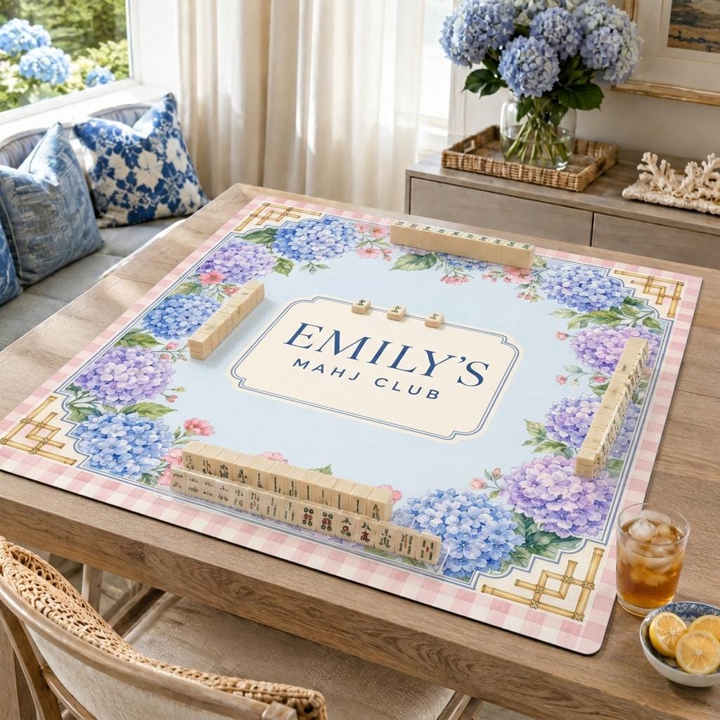 Hydrangea Mahjong Mat, Personalized Mahj Club Gift, Pink Gingham, 31.5 Inch