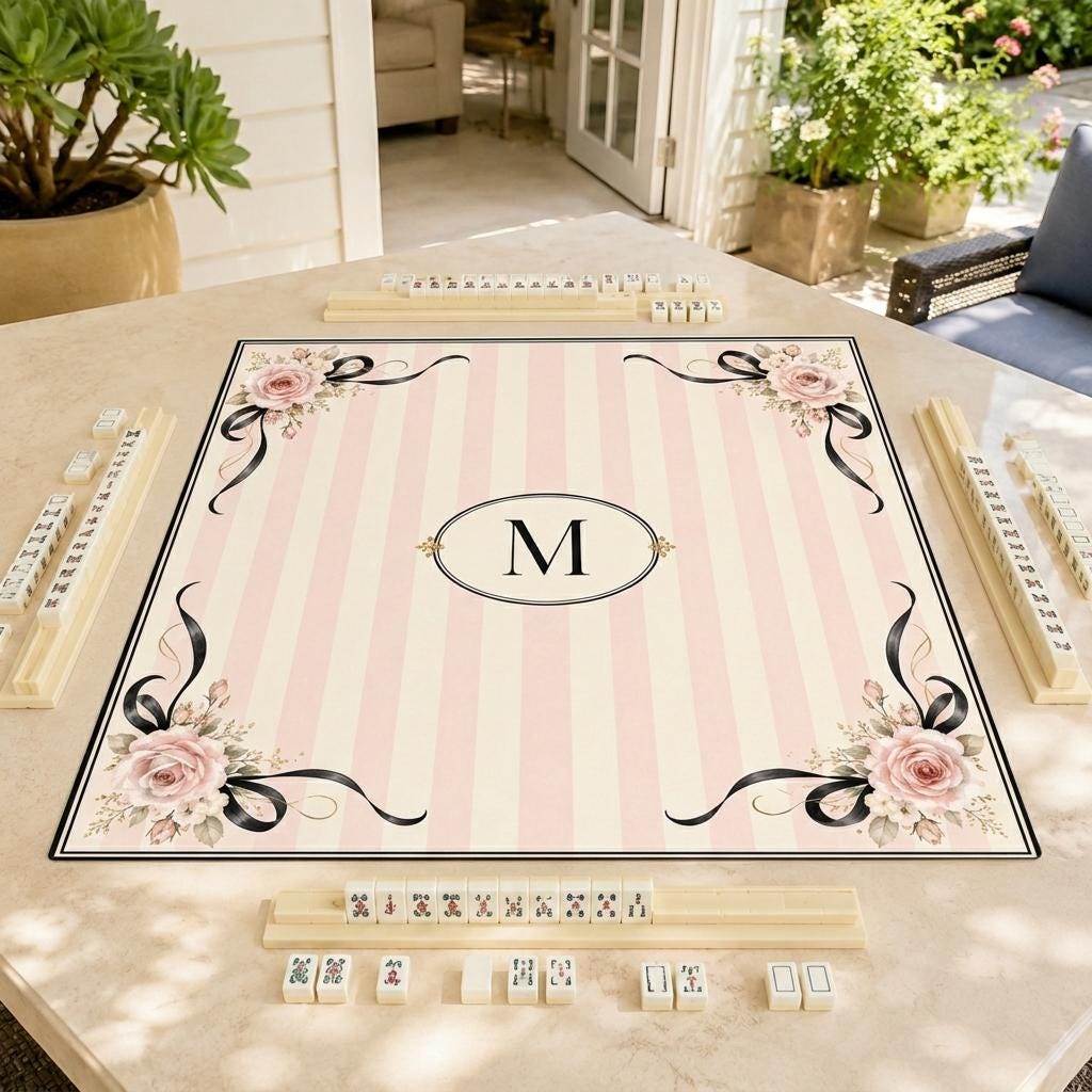 Coquette Mahjong Mat, Pink Stripe Rose Bow Monogram Design, 31.5 Inch
