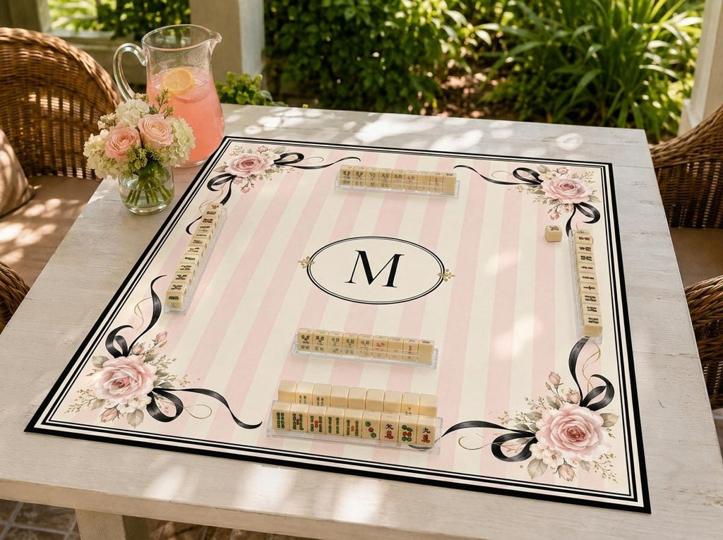 Coquette Mahjong Mat, Pink Stripe Rose Bow Monogram Design, 31.5 Inch