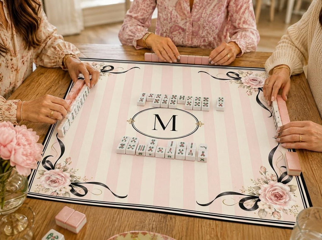 Coquette Mahjong Mat, Pink Stripe Rose Bow Monogram Design, 31.5 Inch