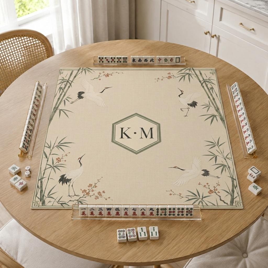 Crane Mahjong Mat, Bamboo Chinoiserie Monogram Design, Sage Green, 31.5 Inch