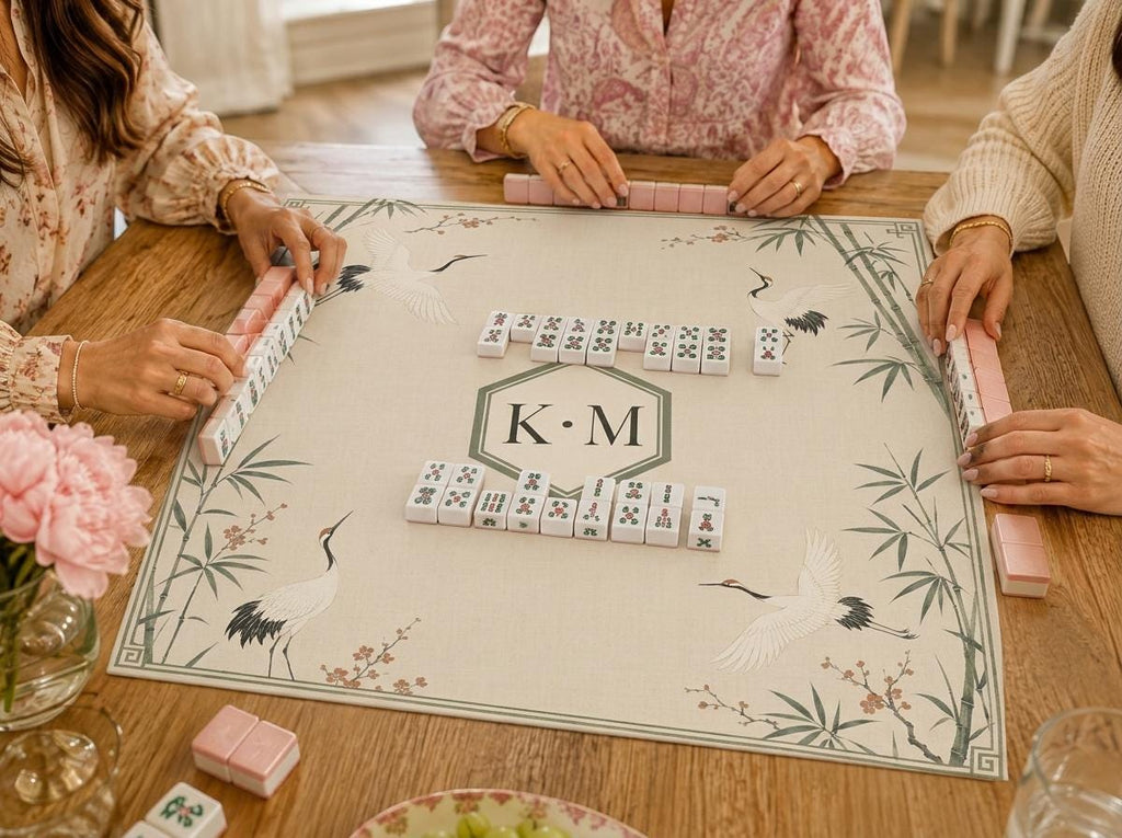 Crane Mahjong Mat, Bamboo Chinoiserie Monogram Design, Sage Green, 31.5 Inch