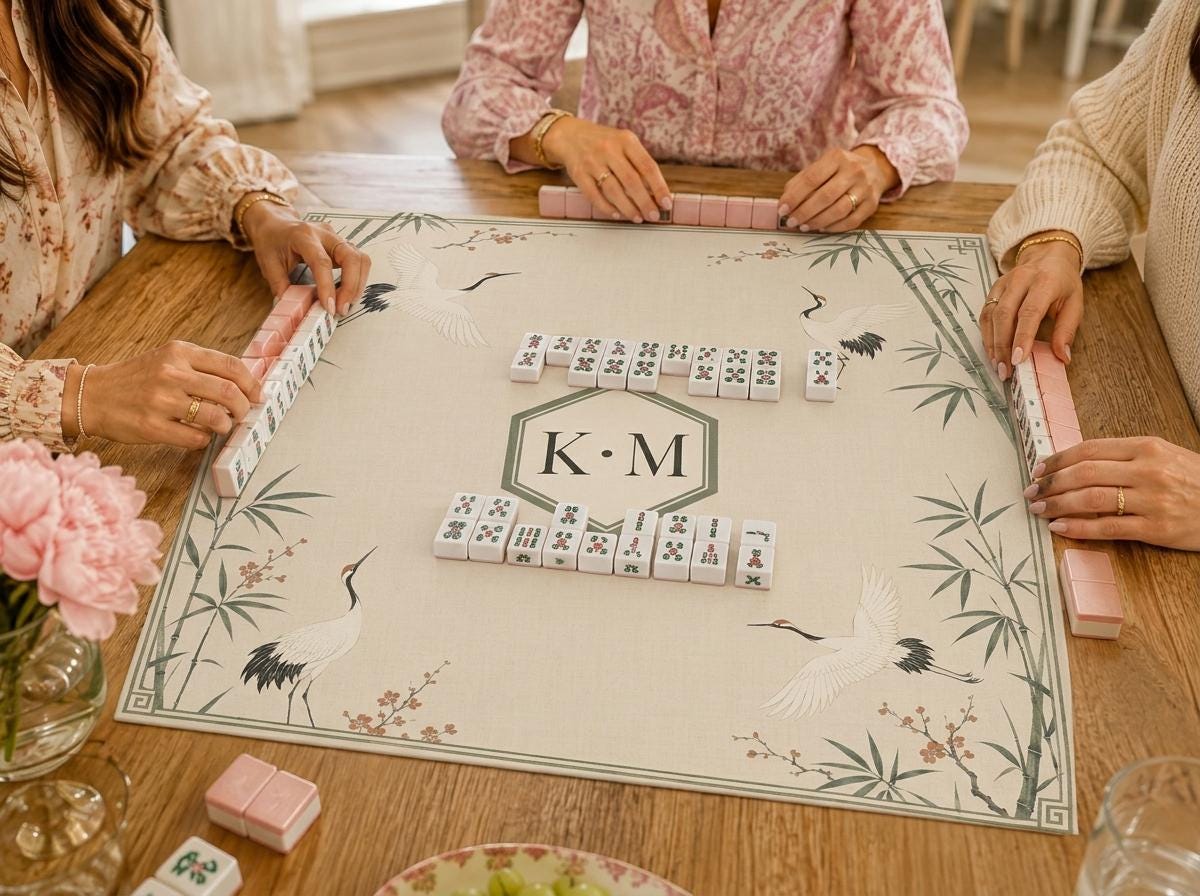 Crane Mahjong Mat, Bamboo Chinoiserie Monogram Design, Sage Green, 31.5 Inch