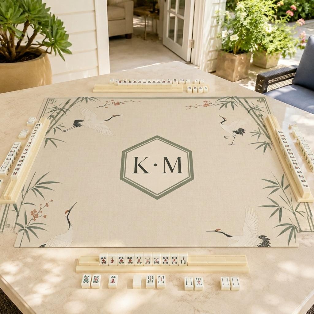 Crane Mahjong Mat, Bamboo Chinoiserie Monogram Design, Sage Green, 31.5 Inch