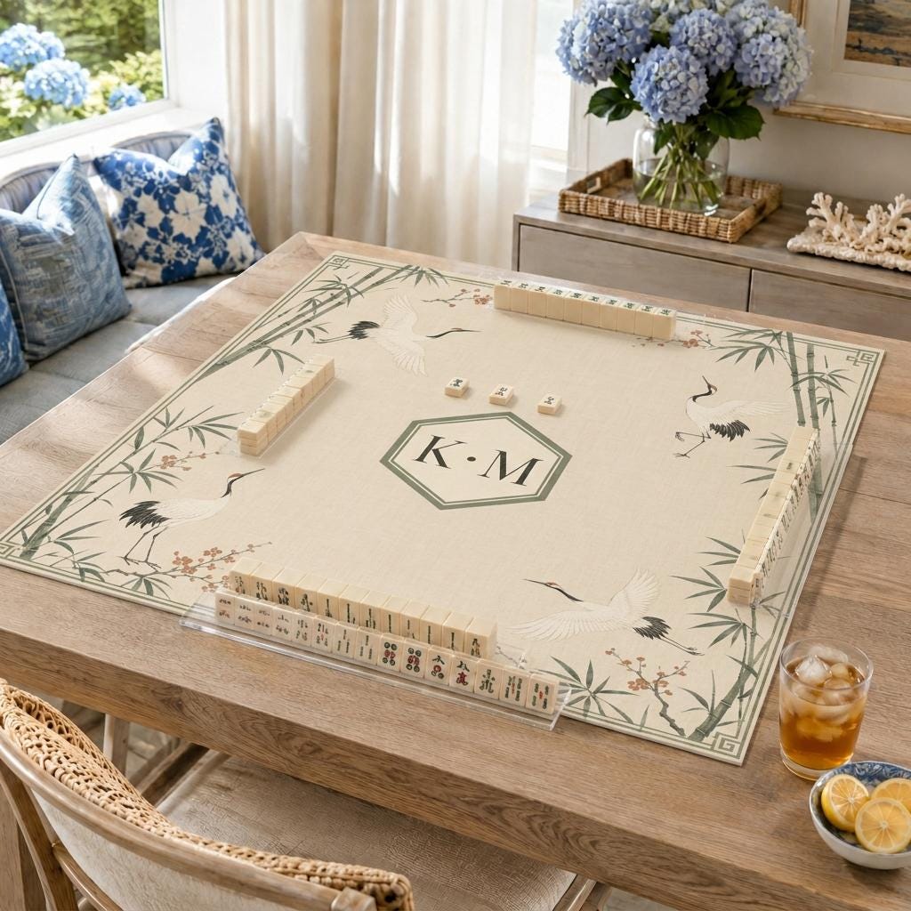 Crane Mahjong Mat, Bamboo Chinoiserie Monogram Design, Sage Green, 31.5 Inch