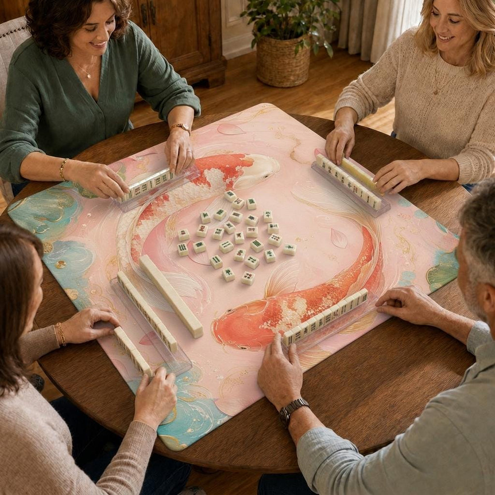 Pink koi and lotus flowers curve around a soft blush center, with aqua pond details along the edges of this water-garden Mahjong mat.